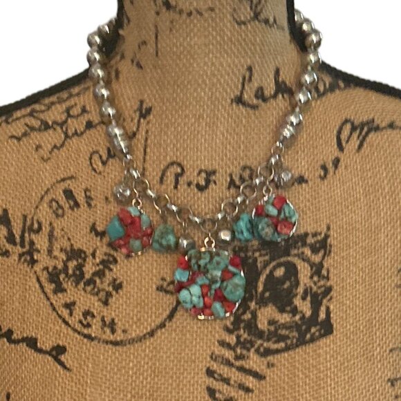Jewelry - Vintage Chunky Textured Silver Womens Boho Turquoise Charms Choker Necklace